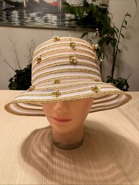 Chic White and Gold Stripped Hat With Gold Sequined Floral Accents